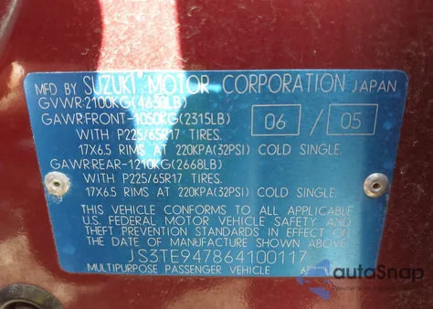 2006 Suzuki Grand Vitara Luxury из США, поврежденный, VIN JS3TE947864100117